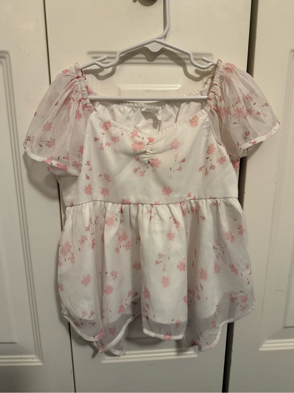 Abercrombie & Fitch Pink Floral Babydoll Top Sheer Puff Sleeves Ruched Bust 7/8